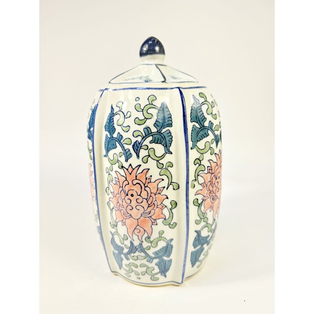 Ginger Temple Jar Lidded Vintage Chinoiserie Blue White Pink Rose pattern Home S - Picture 9 of 16